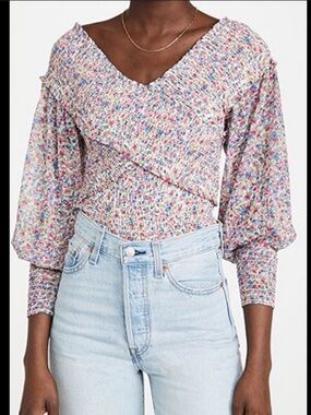 BB Dakota Floral Smocked V-Neck Top in Pink, Blue and White